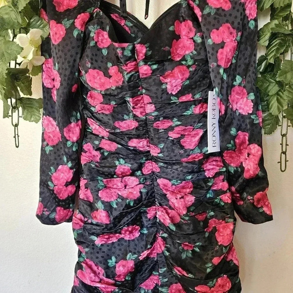 NWT Ronny Kobo Nora Dress S Black Pink Floral Silk Blend Ruched Bodycon Mini - Picture 15 of 15
